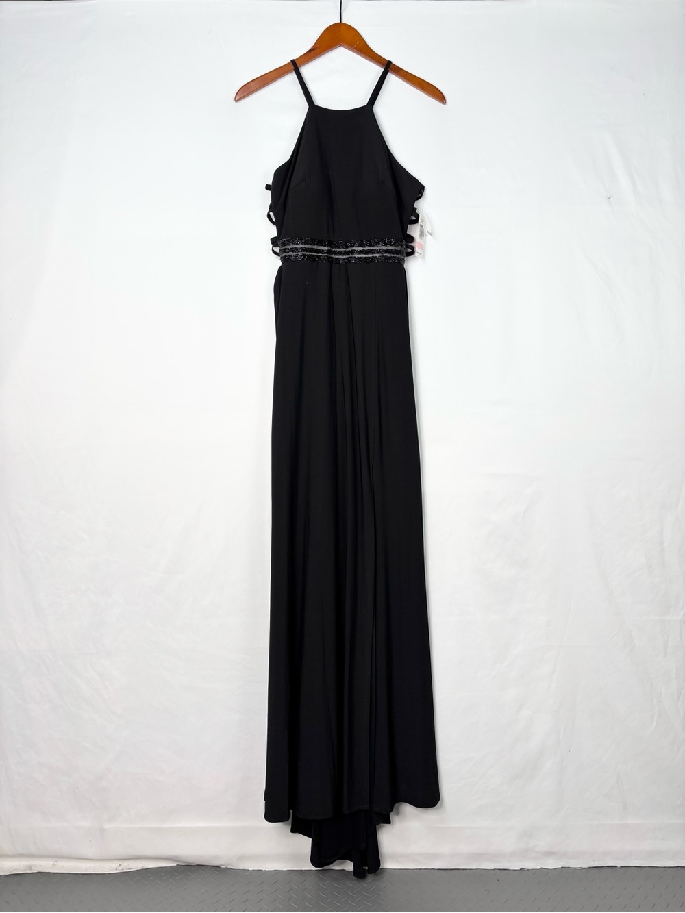 NEW Morgan and Co Maxi Dress Size 9/10 Black High Neck Open Back